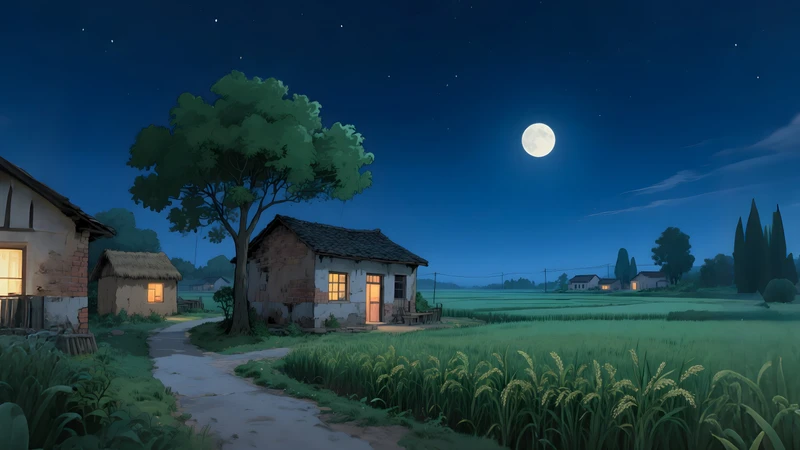 Anime Village Night Scene 4K Desktop Wallpaper