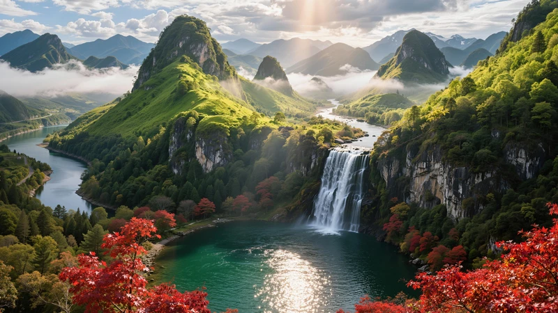 8K Ink-Wash Landscape Waterfall Canyon Desktop Wallpaper