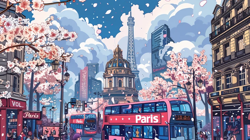 Paris Cherry Blossoms Japanese Style 8K Desktop Wallpaper