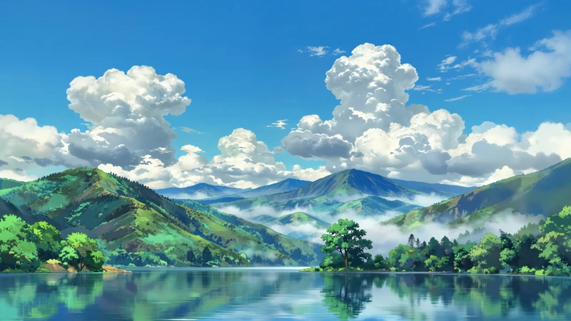 Anime Style Mountain Lake 8K Ultra HD Desktop Wallpaper