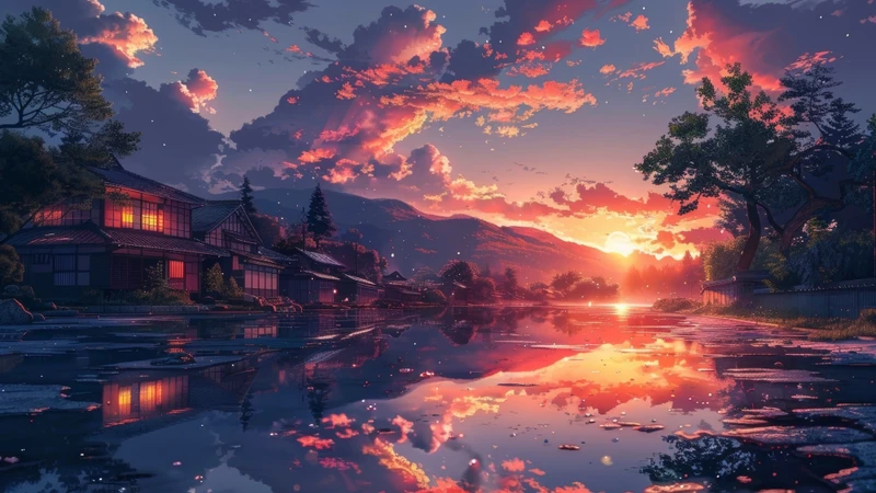 Japanese Sunset Village 8K Ultra HD Desktop Wallpaper