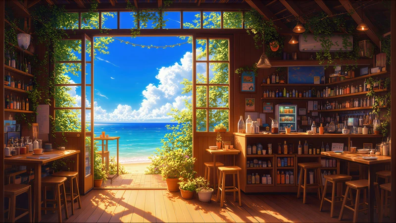 Japanese Coastal Cafe 8K Ultra HD Desktop Wallpaper