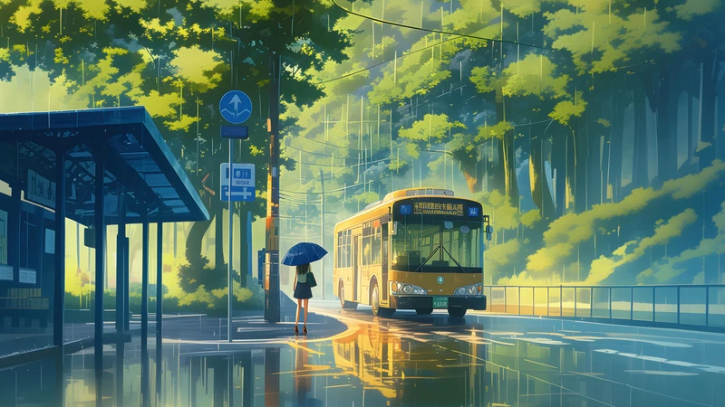 Anime Rainy Street and Bus Stop 8K Ultra HD Wallpaper Collection - Pack with 7 wallpapers for $1