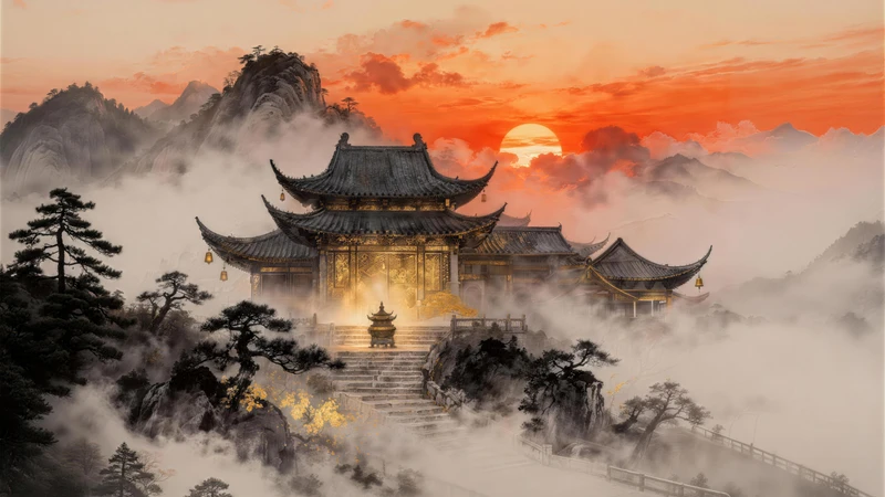 Chinese Style Ancient Temple Sunset 8K Ultra HD Desktop Wallpaper