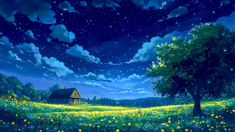 Japanese Night Sky Meadow 4K Desktop Wallpaper