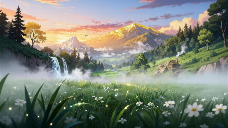 Anime-Style Valley Waterfall 8K Desktop Wallpaper