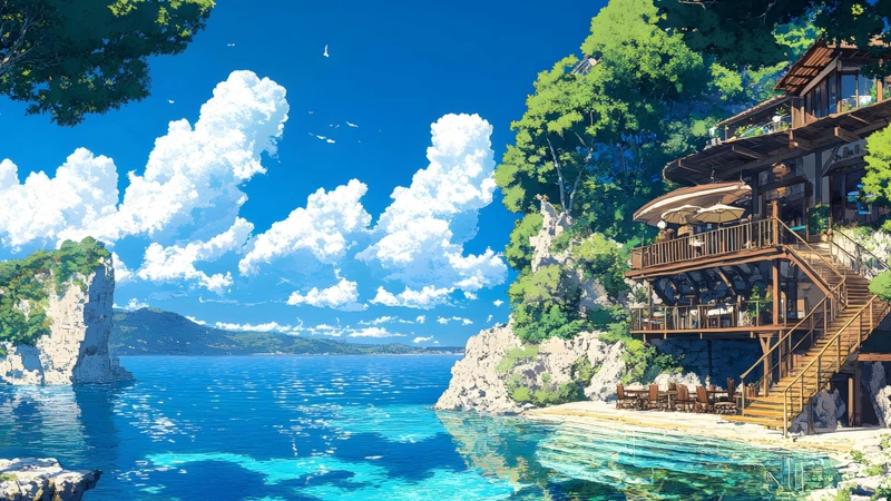Japanese Anime Lakeside Log Cabin 8K Ultra HD Desktop Wallpaper