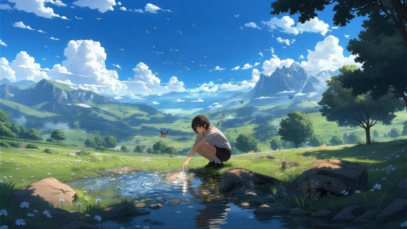 Studio Ghibli-Style Valley Stream 8K Desktop Wallpaper