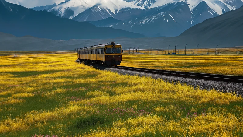 Realistic Mountain Train Field 8K Ultra HD Desktop Wallpaper
