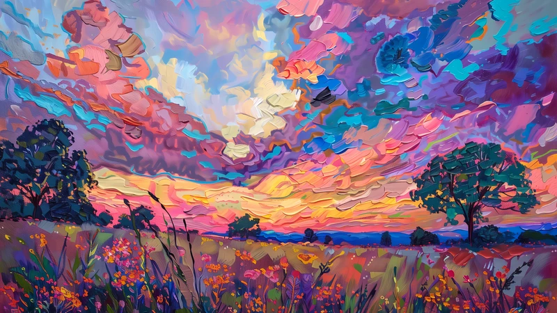 Abstract Oil Painting Sunlit Flower Field at Sunset 4K Desktop Wallpaper