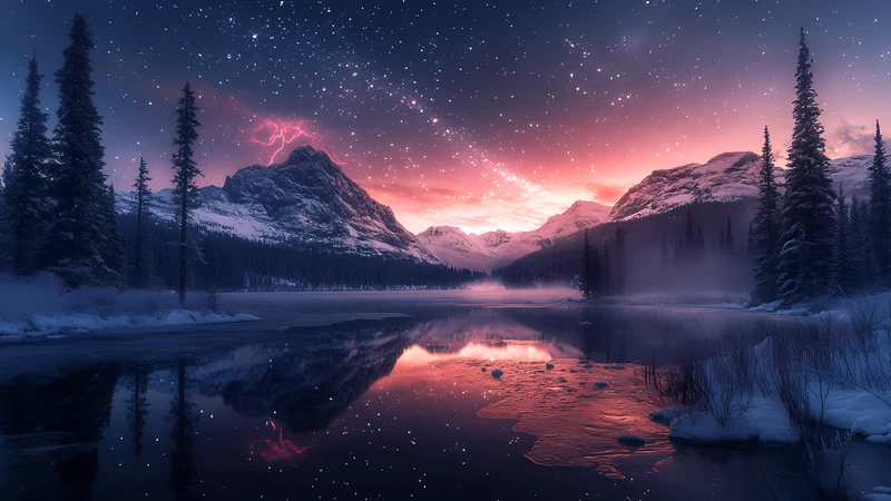 Oriental Art Winter Mountain Lake 8K Ultra HD Desktop Wallpaper