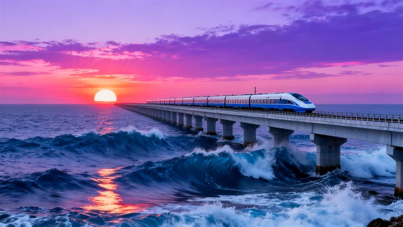 Modern Coastal High-Speed Rail 8K Desktop Wallpaper