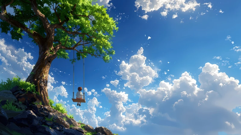 Japanese Anime Tree Swing 4K Desktop Wallpaper
