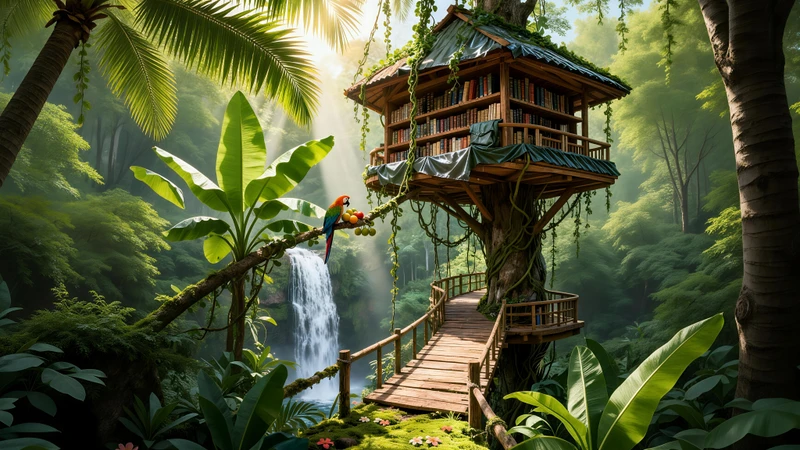Tropical Rainforest Treehouse 8K Ultra HD Desktop Wallpaper