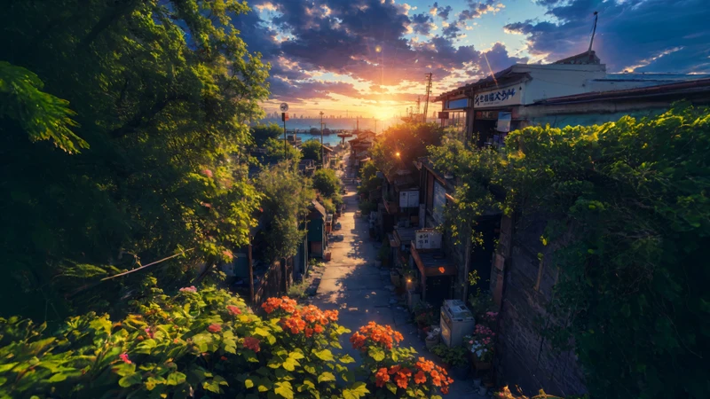 Japanese Street at Sunset 8K Ultra HD Desktop Wallpaper
