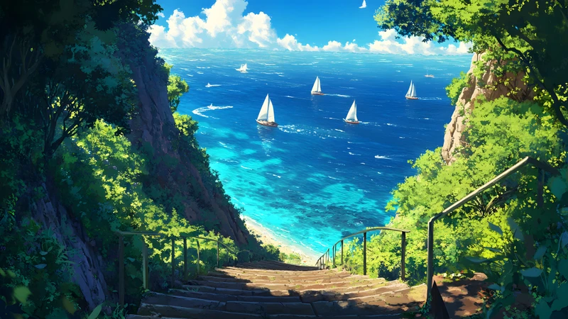 Japanese Anime-Style Coastline 8K Ultra HD Desktop Wallpaper