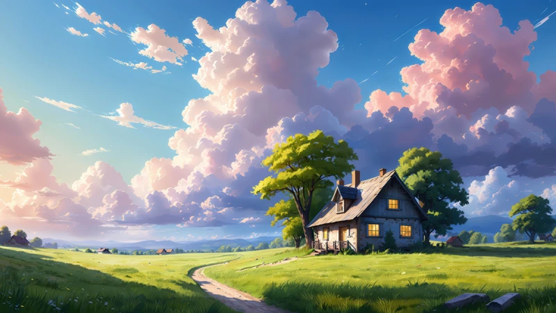 Anime Style Countryside Cottage 4K Desktop Wallpaper