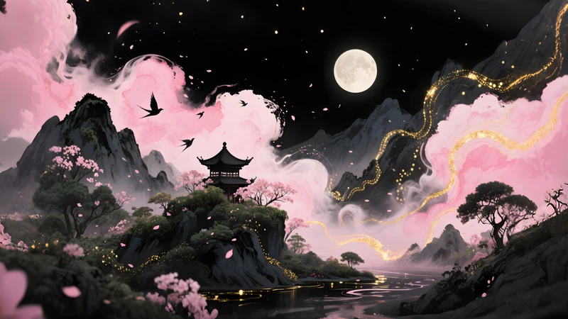 Oriental Art Moonlit Pagoda 4K Desktop Wallpaper