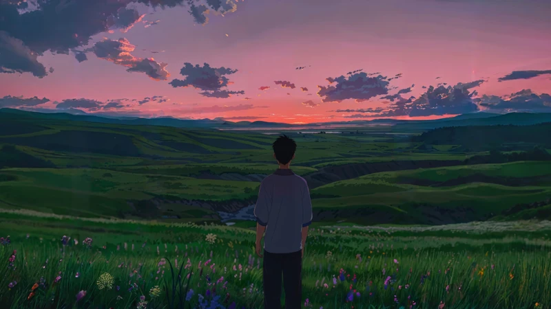 Studio Ghibli Sunset Valley 8K Ultra HD Desktop Wallpaper