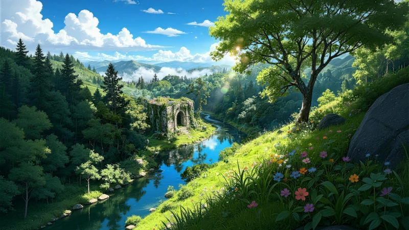 Miyazaki-Style Forest Stream 8K Desktop Wallpaper