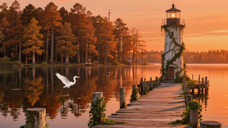 Lakeside Lighthouse and Egrets 8K Desktop Wallpaper