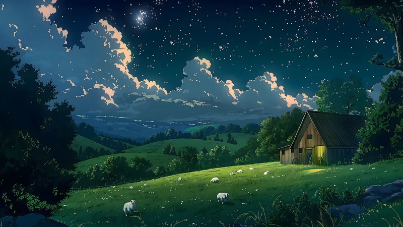 Miyazaki-Style Night Pasture 8K Desktop Wallpaper
