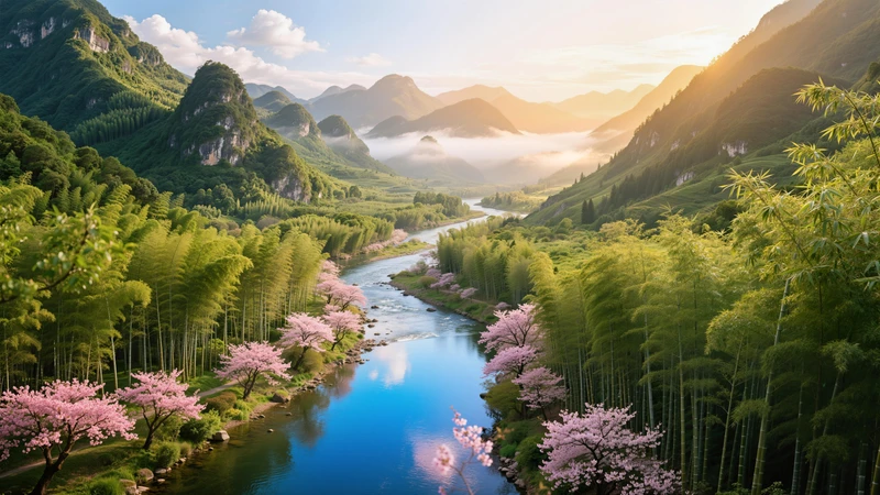 Chinese Style Bamboo Forest Stream 8K Ultra HD Desktop Wallpaper