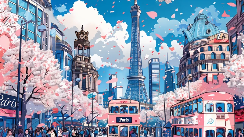 Paris Cherry Blossom Street Scene 8K Desktop Wallpaper