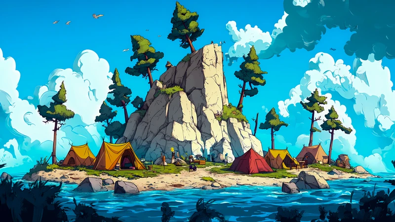 Anime Island Campsite 4K Desktop Wallpaper