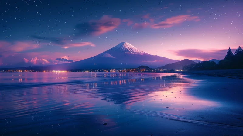 Japanese Mount Fuji Night Sky 8K Ultra HD Desktop Wallpaper