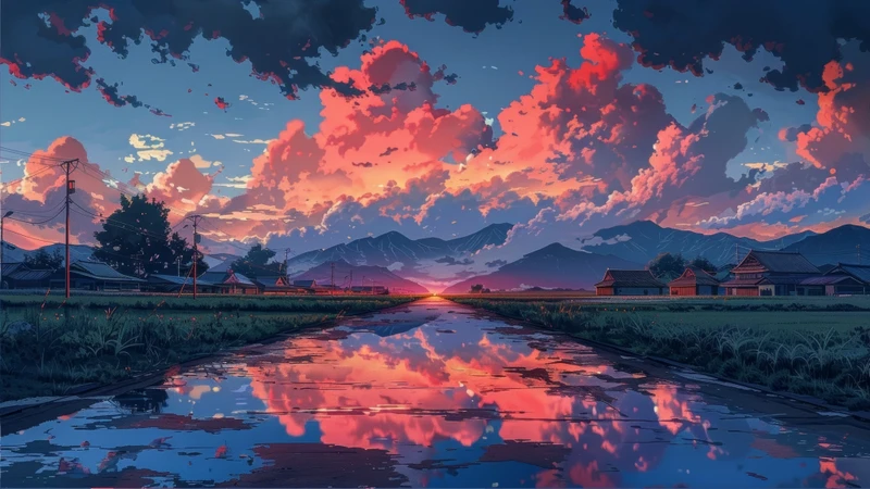 Anime Village Sunset 8K Ultra HD Desktop Wallpaper