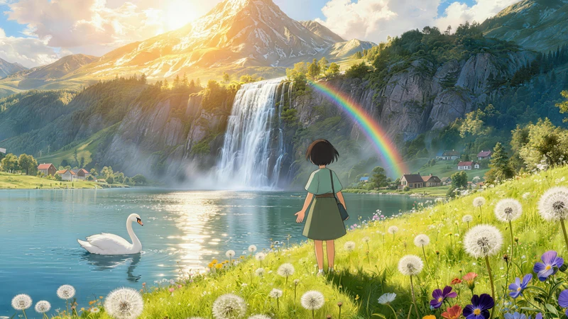 Miyazaki-Style Valley Waterfall 8K Desktop Wallpaper