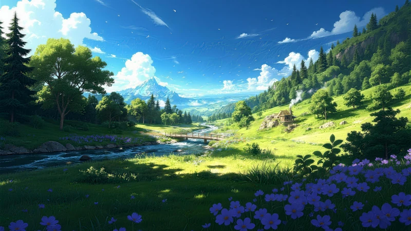 Anime-Style Valley Stream 8K Desktop Wallpaper