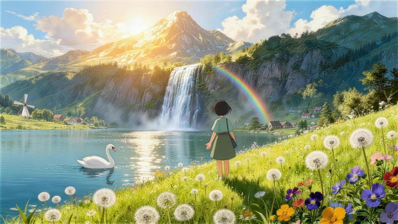 Studio Ghibli-Style Lakeside Girl 8K Desktop Wallpaper