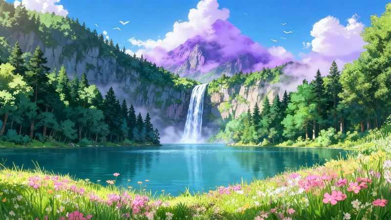 Japanese Anime-Style Waterfall Valley 8K Desktop Wallpaper