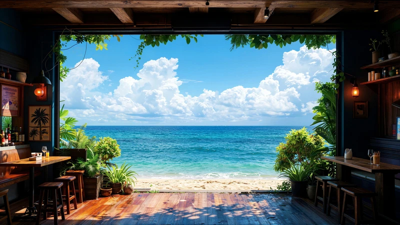 Tropical Beach Café 4K Desktop Wallpaper