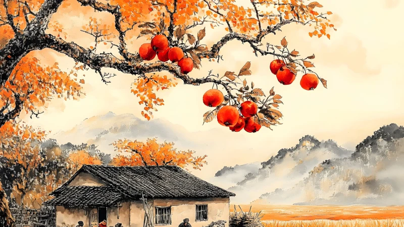 Chinese Style Persimmon Tree 8K Ultra HD Desktop Wallpaper