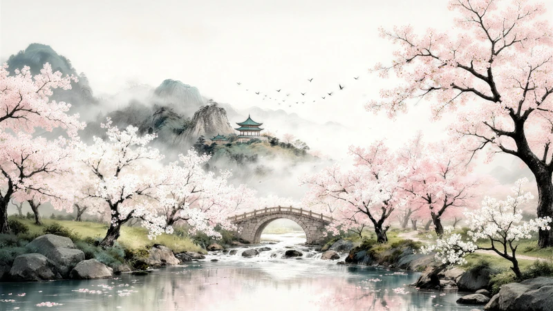 Oriental-Style Cherry Blossom Stream 8K Desktop Wallpaper