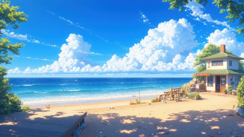 Anime Beach Cottage 4K Desktop Wallpaper
