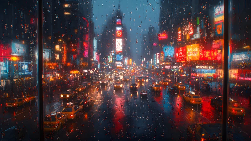 Cyberpunk Rainy Cityscape 8K Ultra HD Desktop Wallpaper