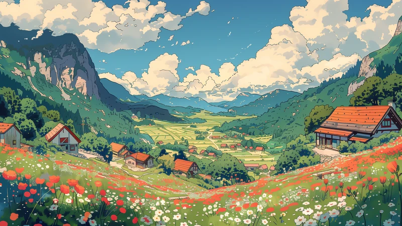 Studio Ghibli Style Mountain Village 4K Desktop Wallpaper