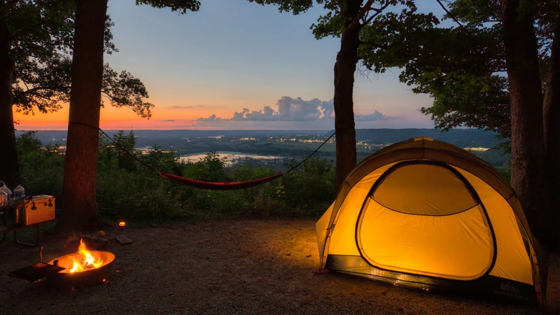 Camping Sunset Valley 4K Desktop Wallpaper