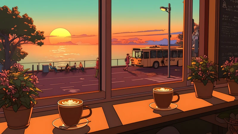 Anime Sunset Café 4K Desktop Wallpaper