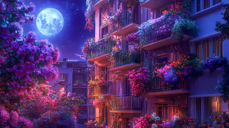 Oriental Art Moonlit Balcony Garden 4K Desktop Wallpaper
