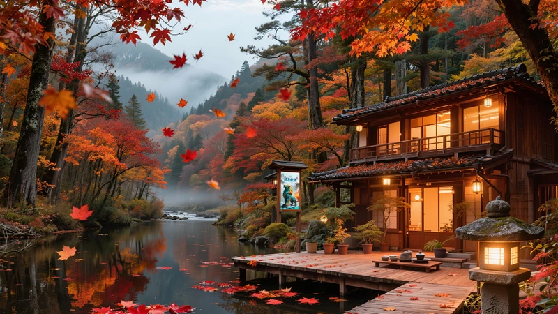 Japanese Maple Forest Cottage 8K Desktop Wallpaper