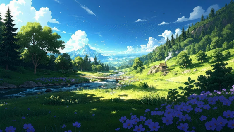 Anime-Style Valley Stream 8K Desktop Wallpaper