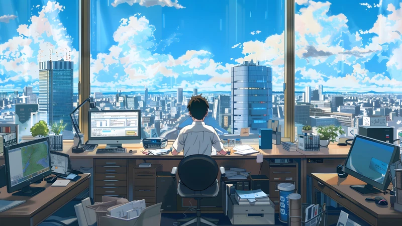 Anime Office Cityscape 8K Ultra HD Desktop Wallpaper