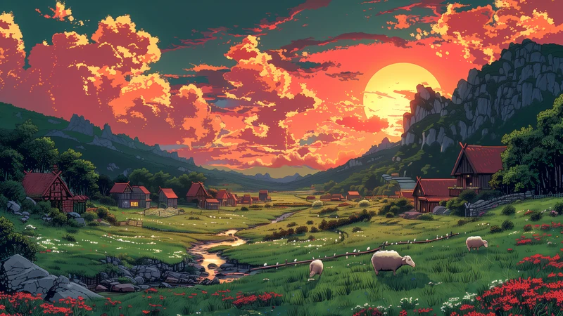 Studio Ghibli Village Sunset 4K Desktop Wallpaper