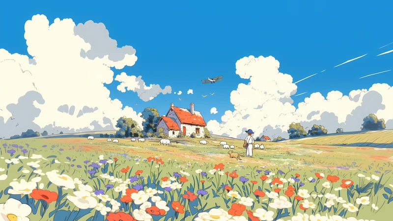 Studio Ghibli Style Flower Field 8K Ultra HD Desktop Wallpaper