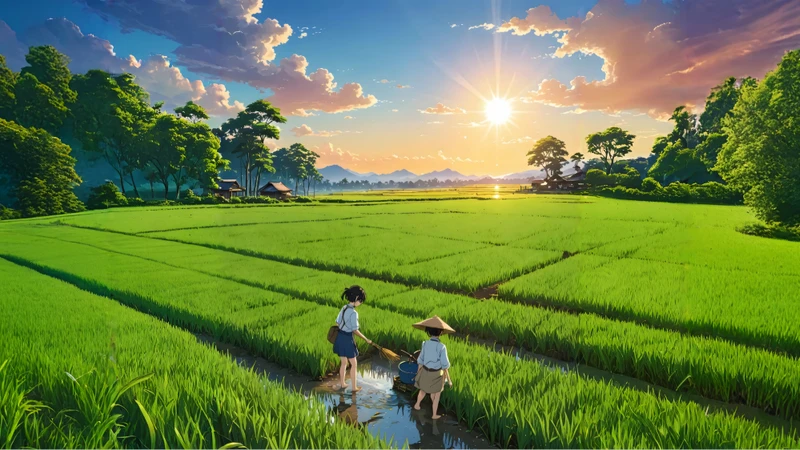 Japanese Rice Fields Sunset 8K Ultra HD Desktop Wallpaper